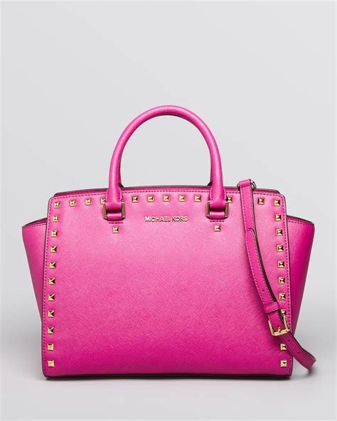 michael kors pink studded satchel|Michael Kors pink studded purse.